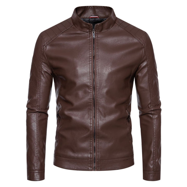 Herren taillierte Lederimitat-Bikerjacke mit Stehkragen und gesteppter Ärmeldetail Nord Taschen