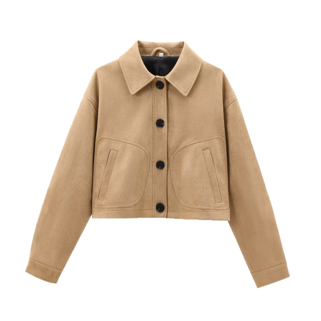 Damen Cropped-Boxy-Übergangsjacke in Veloursoptik mit Hemdkragen und aufgesetzten Taschen Nord Taschen