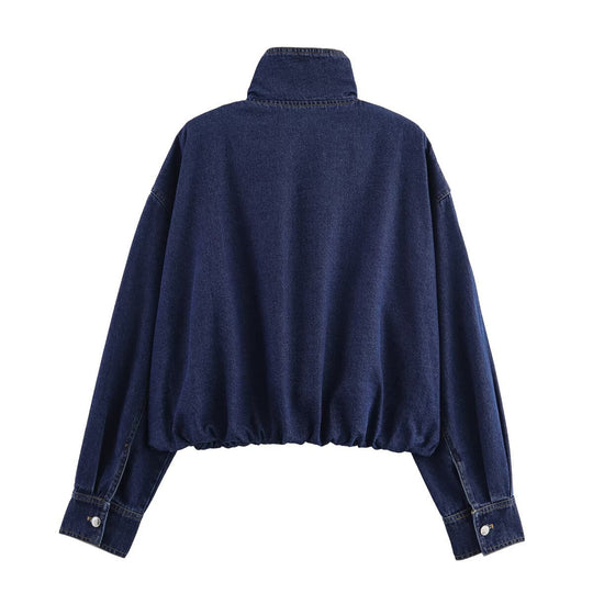 Damen cropped Denimjacke mit hochgeschlossenem Kragen und praktischen Taschen
