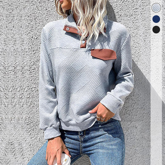 Damen Texturierter Stehkragen-Sweatshirt mit Druckknopf-Leiste und Zierpatte Nord Taschen