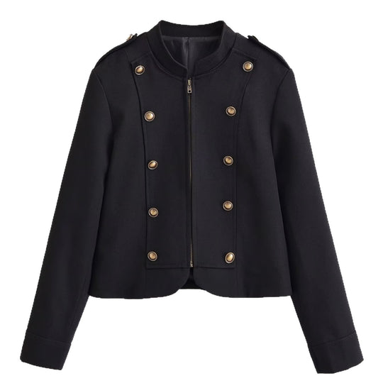 Damen Kurzblazer im Military-Look mit Stehkragen, Zierknopfreihe und Reißverschluss Nord Taschen