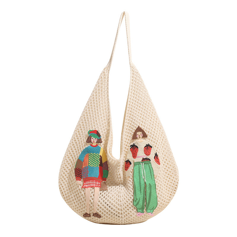 Damen gehäkelte Strandtasche mit bunten Applikationen Nord Taschen