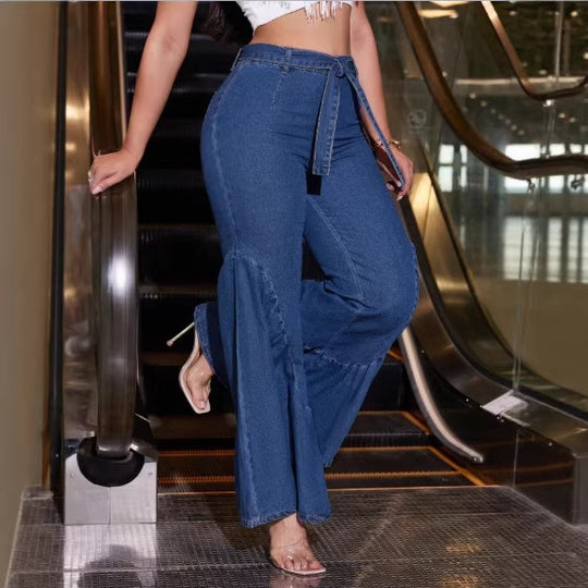 Damen Hochtaillierte Denim-Palazzo-Jeans mit überlappendem V-Bund, weitem Schlag und Frontschlitz Nord Taschen