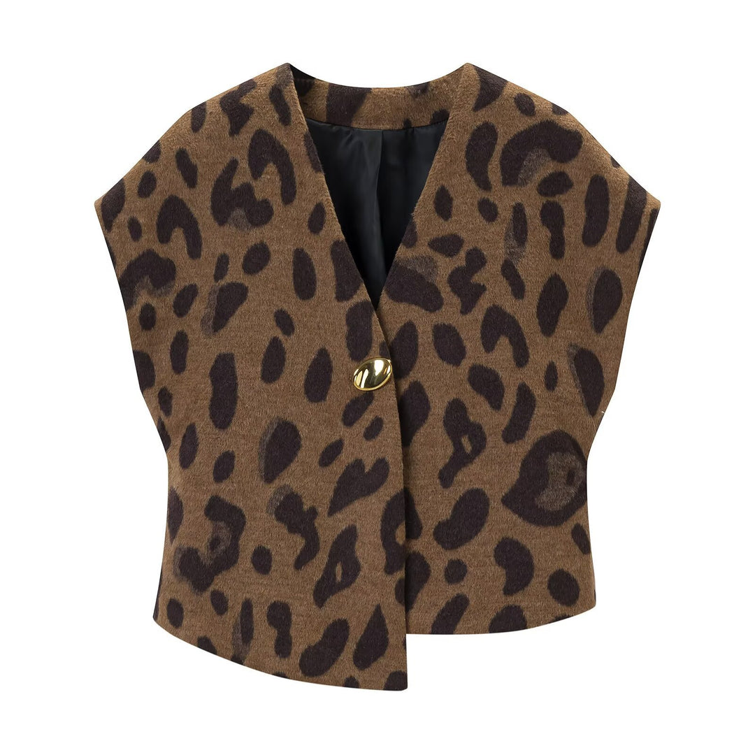 Damen Ärmellose Wollmix-Weste im Leopardenprint mit V-Ausschnitt und Schmuckknopf Nord Taschen