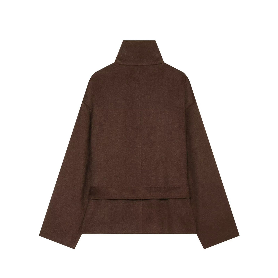 Damen Kurzcape‑Mantel aus Wollmix mit hohem Stehkragen und Taillengürtel Nord Taschen