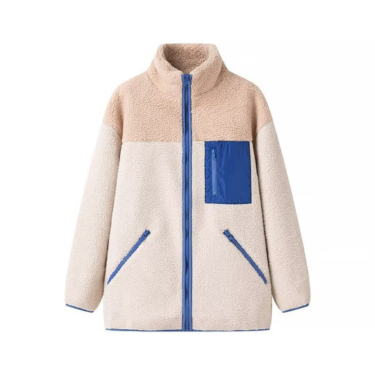 Damen Oversize Teddy‑Fleecejacke mit Farbblock, Stehkragen und Reißverschlusstaschen Nord Taschen