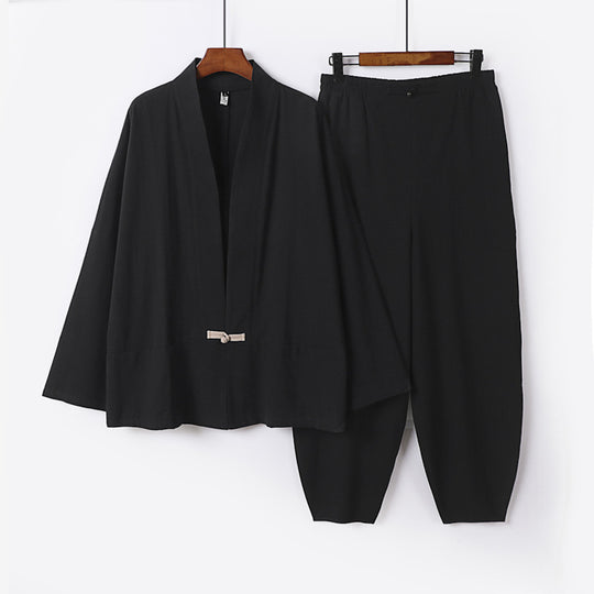 Herren Zen-Relax-Set mit offener Kimono-Jacke, dekorativem Knebelverschluss und tapered Harem-Joggpants Nord Taschen