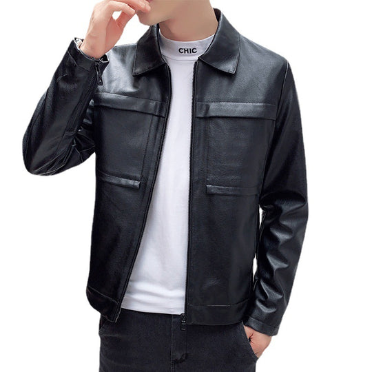 Herren minimalistisches Kunstleder-Zipblouson mit Hemdkragen und Pattentaschen Nord Taschen