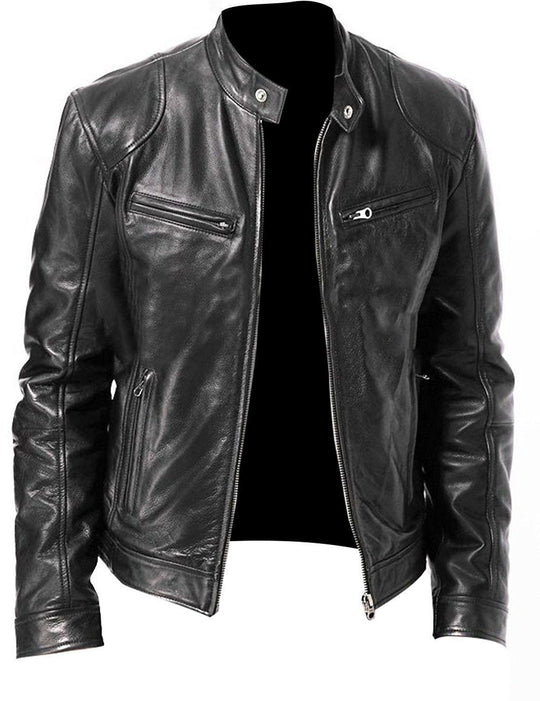Herren vintage-inspirierte Lederjacke im Bikerstil mit Stehkragen und sichtbaren Reißverschlüssen Nord Taschen