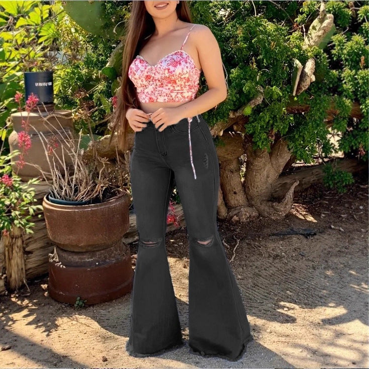 Damen Hochtaillierte Schlaghose-Jeans mit ausgestelltem Bein, Knie-Rissen und figurformendem Stretchbund Nord Taschen