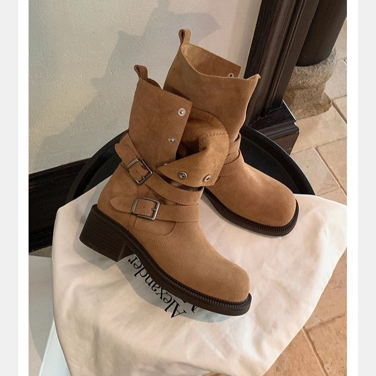 Damen Veloursleder-Bikerstiefel mit Schnallen und mittlerem Blockabsatz Nord Taschen