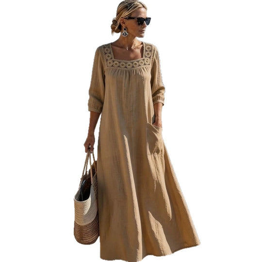 Damen Maxikleid mit gehäkeltem Quadrat-Ausschnitt, dreiviertel Ärmeln und Eingrifftasche Nord Taschen