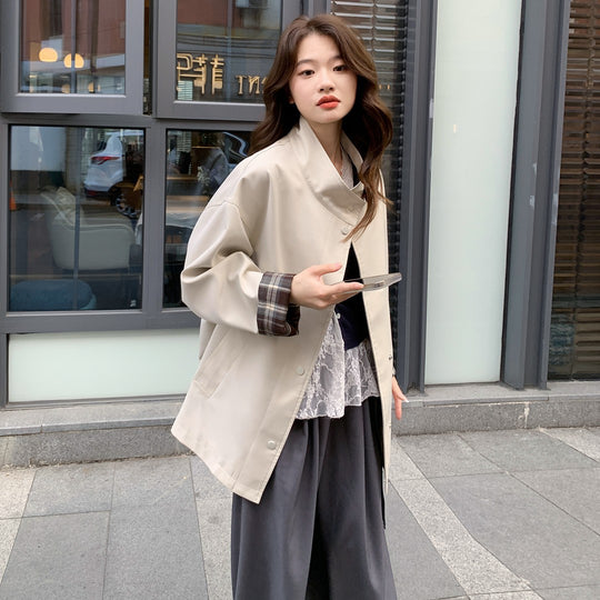 Damen Oversized Kurzmantel mit Stehkragen und kariertem Ärmelfutter Nord Taschen