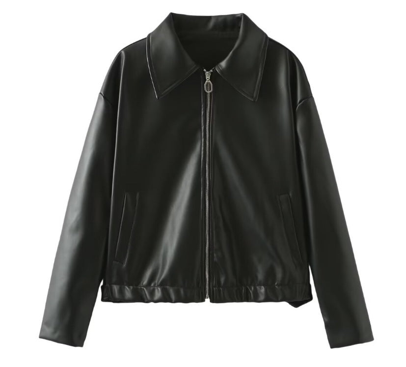 Damen 500+ leichte oversize Kunstleder‑Blousonjacke mit Hemdkragen, Reißverschluss und elastischem Saum Nord Taschen