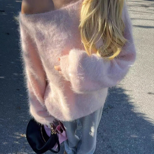 Damen Oversized Strickpullover mit weitem Boatneck, Raglanärmeln und weicher Fluffy-Optik Nord Taschen