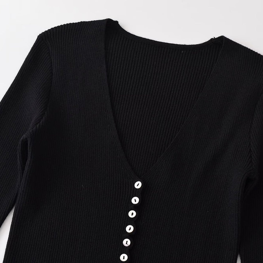 Damen Gerippter Knopfcardigan mit tiefem V-Ausschnitt und Wellensaum Nord Taschen