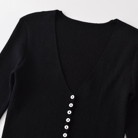Damen Gerippter Knopfcardigan mit tiefem V-Ausschnitt und Wellensaum Nord Taschen