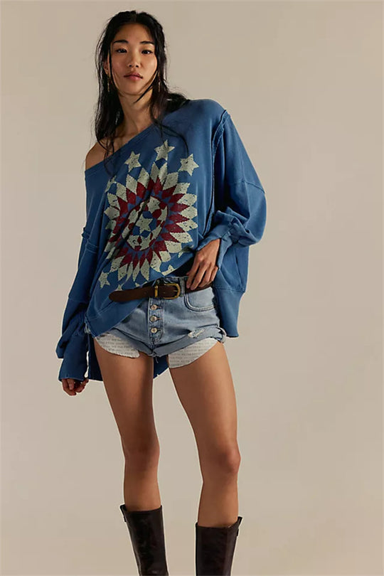 Damen oversized Sweatshirt mit Rüben-Print, ausgefransten Nahtakzenten und Daumenlochärmeln Nord Taschen