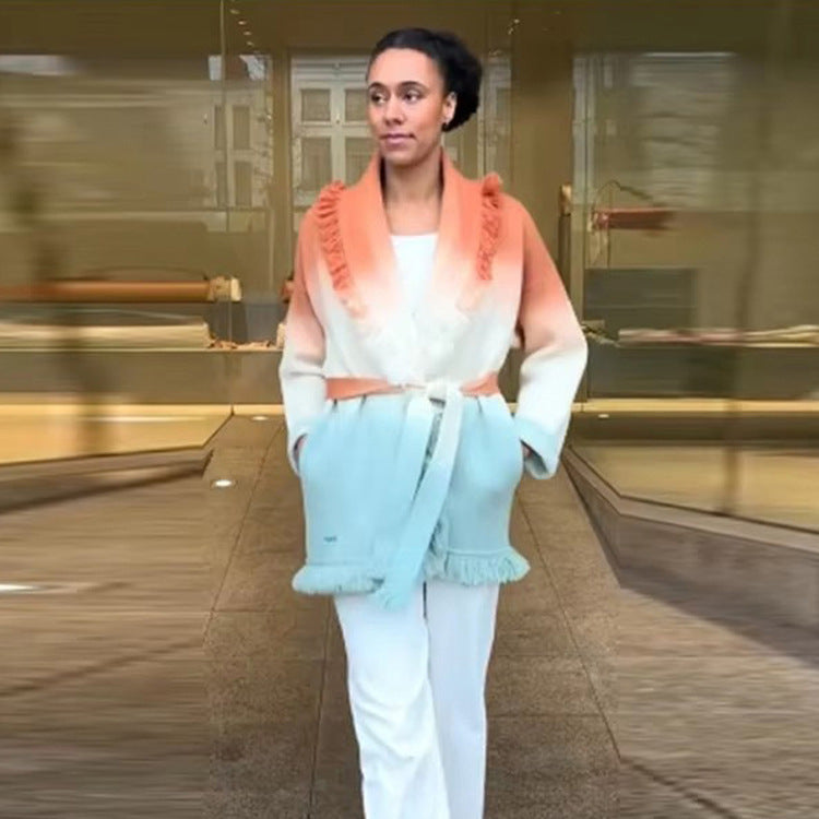 Damen Farbverlauf-Strickcardigan mit Fransen und Schalkragen Nord Taschen