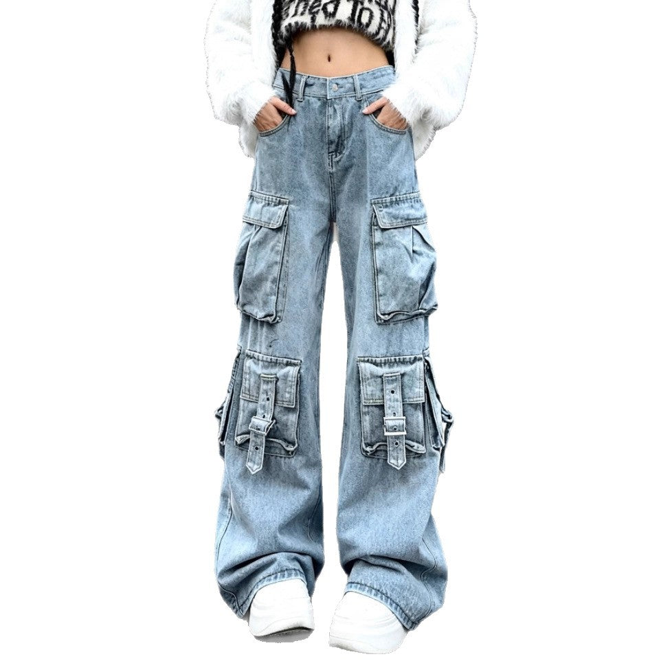 Damen Weite Cargo-Jeanshose mit mehreren aufgesetzten Taschen und Utility-Details Nord Taschen