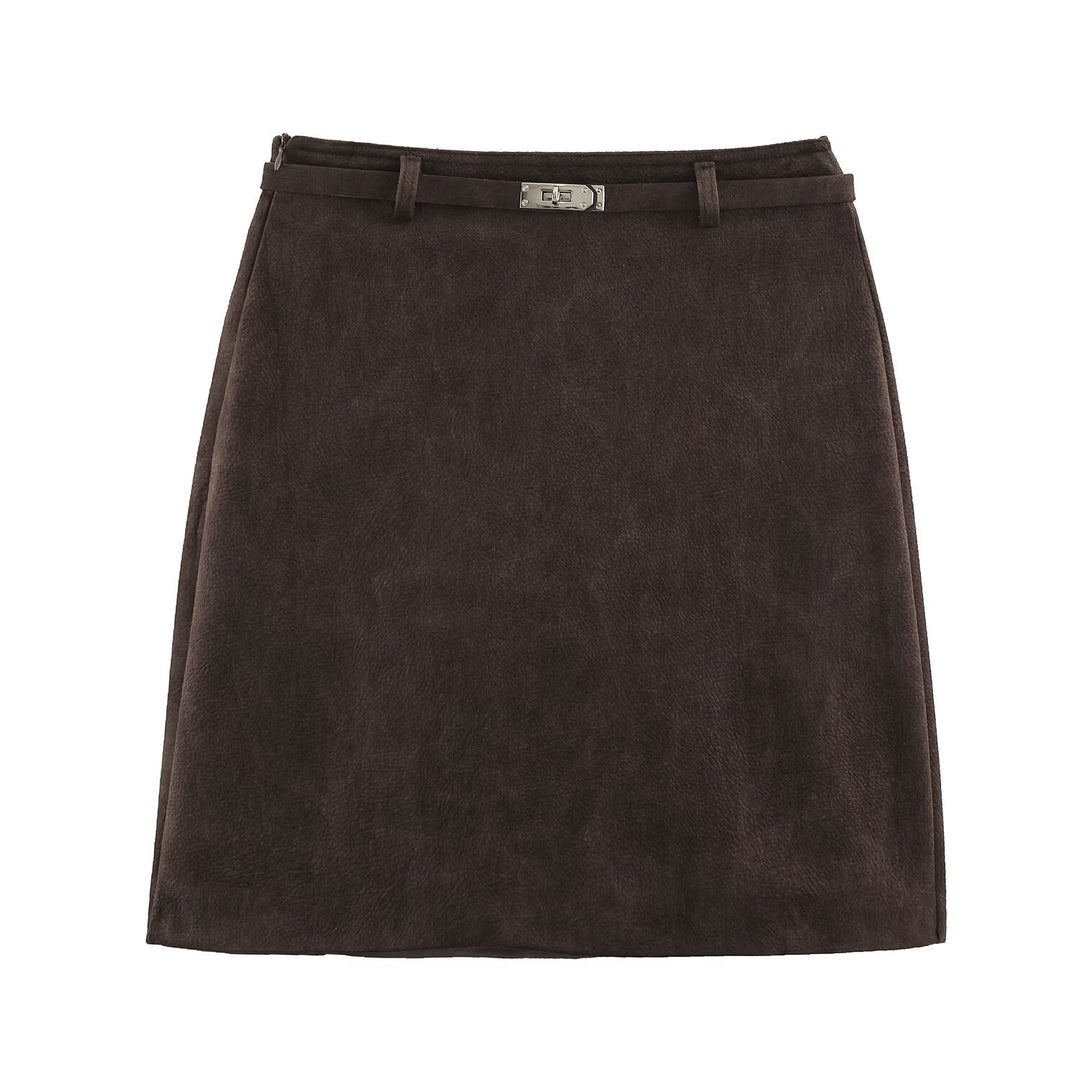 Damen A-Linien Minirock aus Velourslederoptik mit schmalem Ziergürtel Nord Taschen