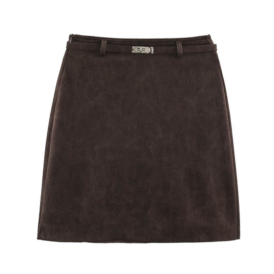 Damen A-Linien Minirock aus Velourslederoptik mit schmalem Ziergürtel Nord Taschen
