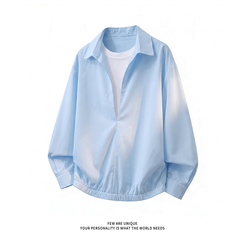 Damen Oversize-Bluse mit tiefem V-Ausschnitt, Hemdkragen und elastischem Saum Nord Taschen