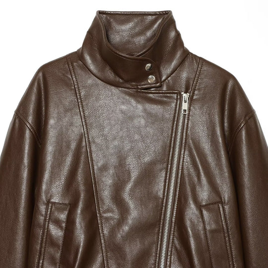 Damen taillierte Lederoptik-Bikerjacke mit hohem Funnelkragen Nord Taschen