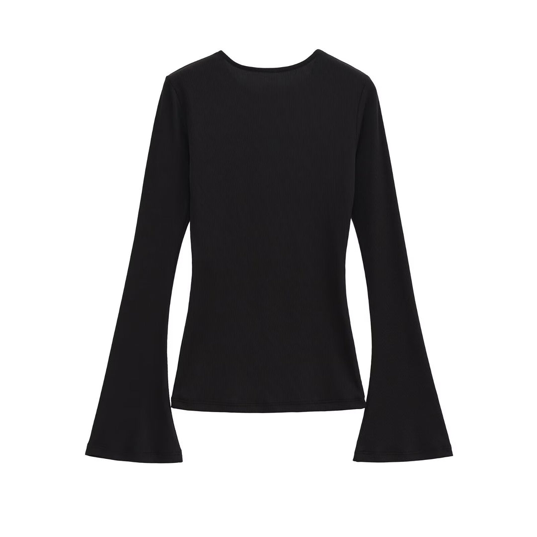 Damen Figurbetontes Rippshirt mit Carmenausschnitt und ausgestellten Schlagärmeln Nord Taschen