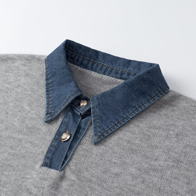 Damen Strickpullover mit Denimkragen und zweiknopf-Poloblende Nord Taschen