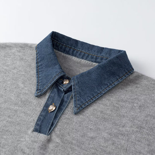 Damen Strickpullover mit Denimkragen und zweiknopf-Poloblende Nord Taschen