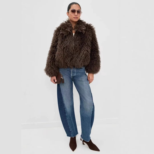 Damen kurzer shaggy Kunstpelz-Blouson mit dichtem Hochflor Nord Taschen