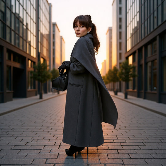 Damen Taillierter Longline-Cape-Mantel aus Wollmix mit überfallendem Cape-Detail Nord Taschen
