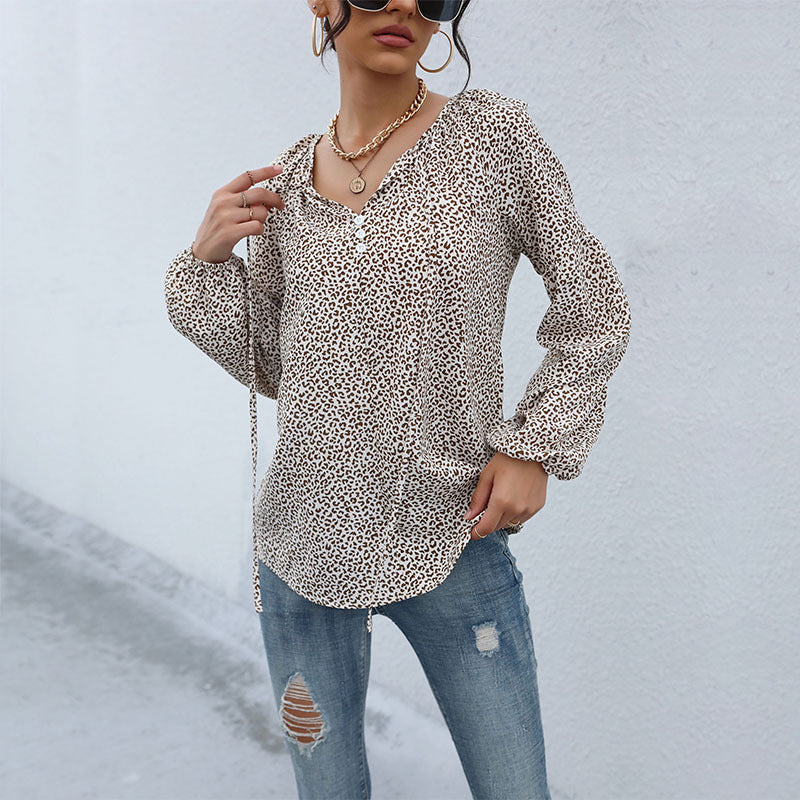 Damen Legere Tunika-Bluse mit feinem Leopardenprint, Knopfleiste und Ballonärmeln Nord Taschen