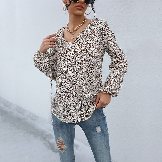 Damen Legere Tunika-Bluse mit feinem Leopardenprint, Knopfleiste und Ballonärmeln Nord Taschen