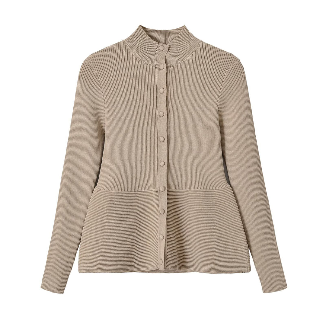 Damen Strukturierter Rippstrick-Cardigan mit Stehkragen und Taillennaht Nord Taschen