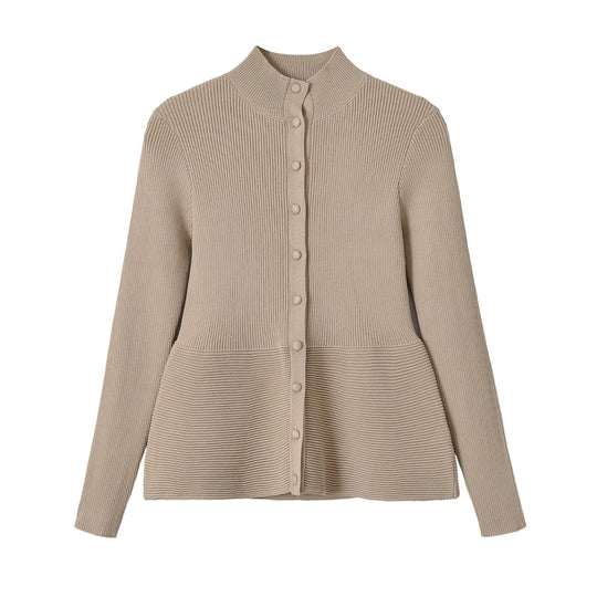 Damen Strukturierter Rippstrick-Cardigan mit Stehkragen und Taillennaht Nord Taschen