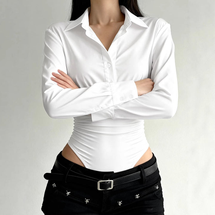 Damen eleganter Bodysuit mit feinem Kragen und Knopfdetails