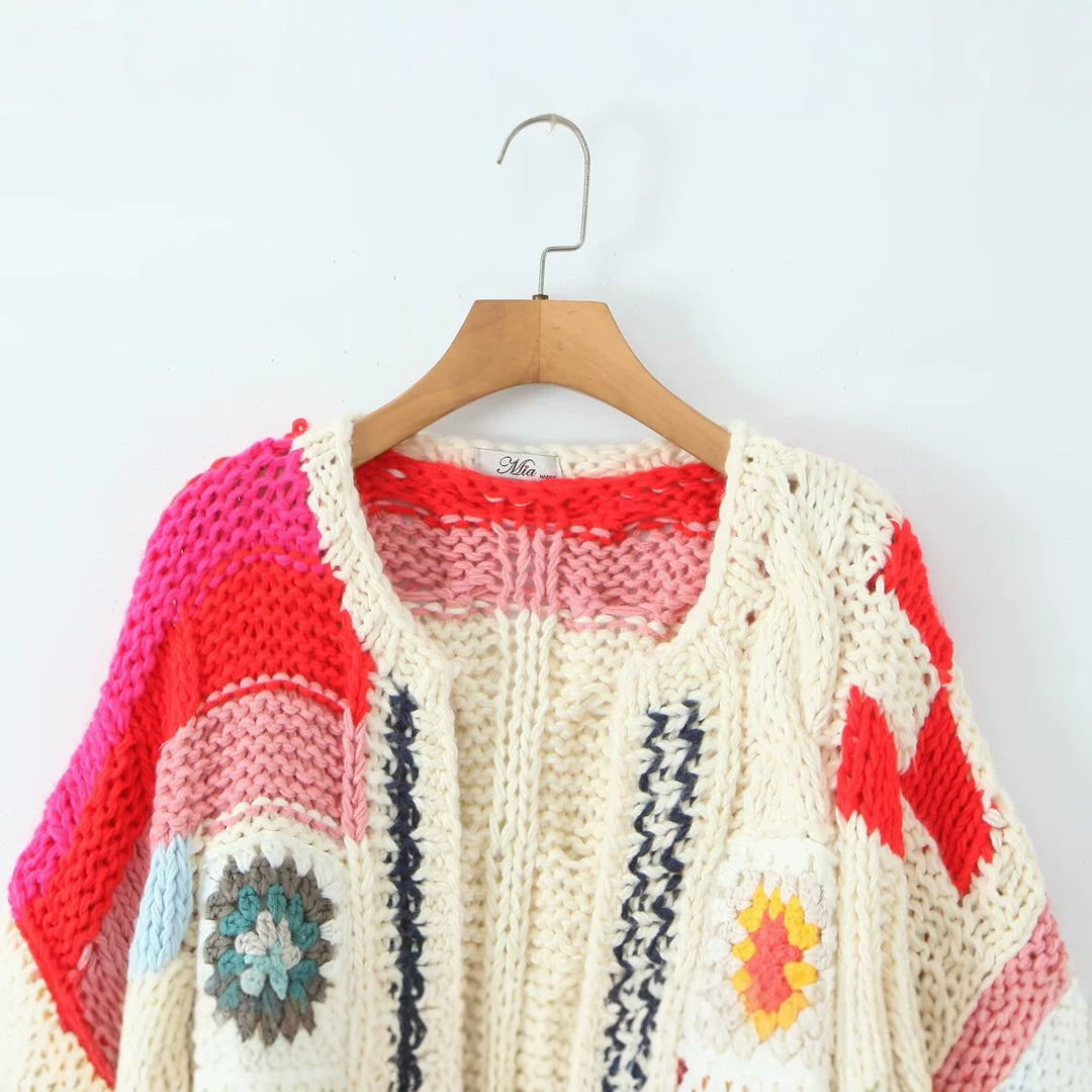 Damen Grobgestrickte Boho-Cardigan mit Häkelpatchwork Nord Taschen