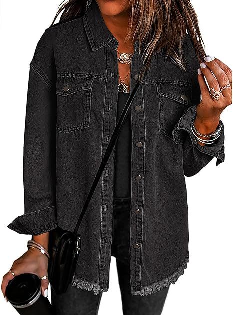 Damen Oversize Jeanshemdjacke mit Fransensaum Nord Taschen