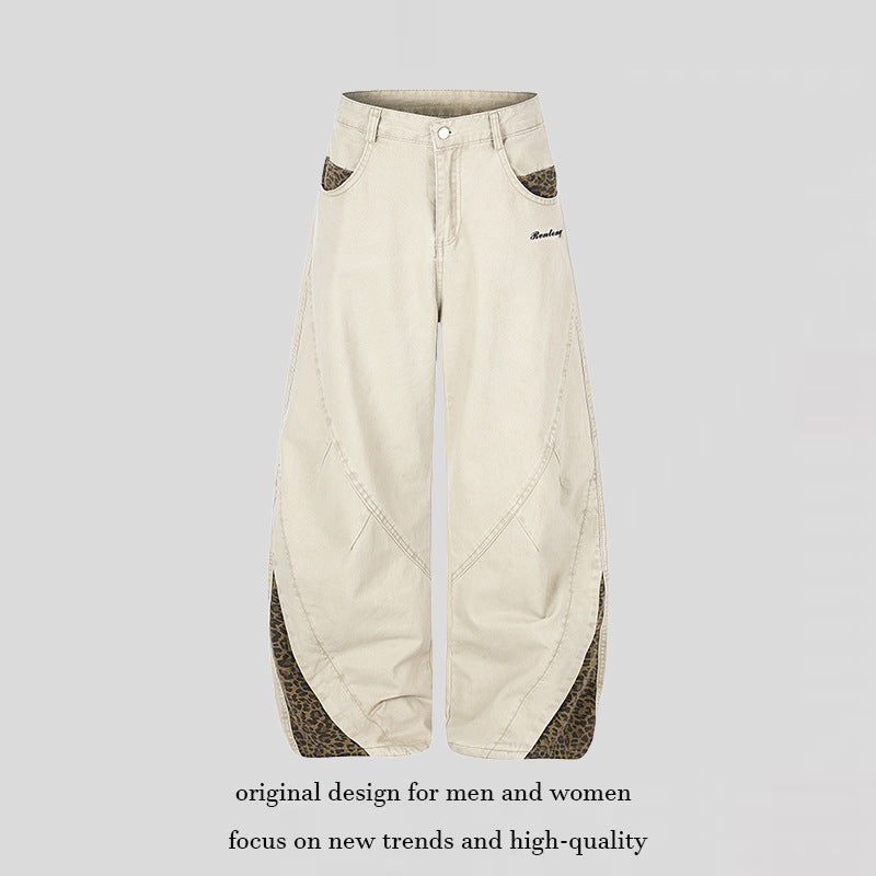 Damen Weite High‑Waist Palazzo-Jeanshose mit Leopardeinsätzen und Eingrifftaschen Nord Taschen