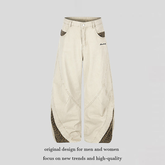 Damen Weite High‑Waist Palazzo-Jeanshose mit Leopardeinsätzen und Eingrifftaschen Nord Taschen