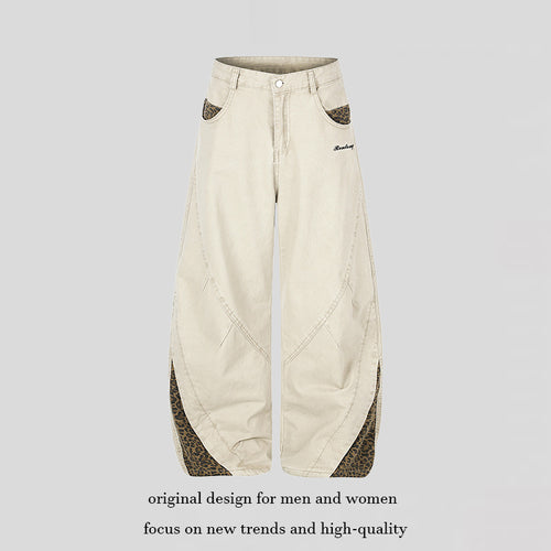 Damen Weite High‑Waist Palazzo-Jeanshose mit Leopardeinsätzen und Eingrifftaschen Nord Taschen