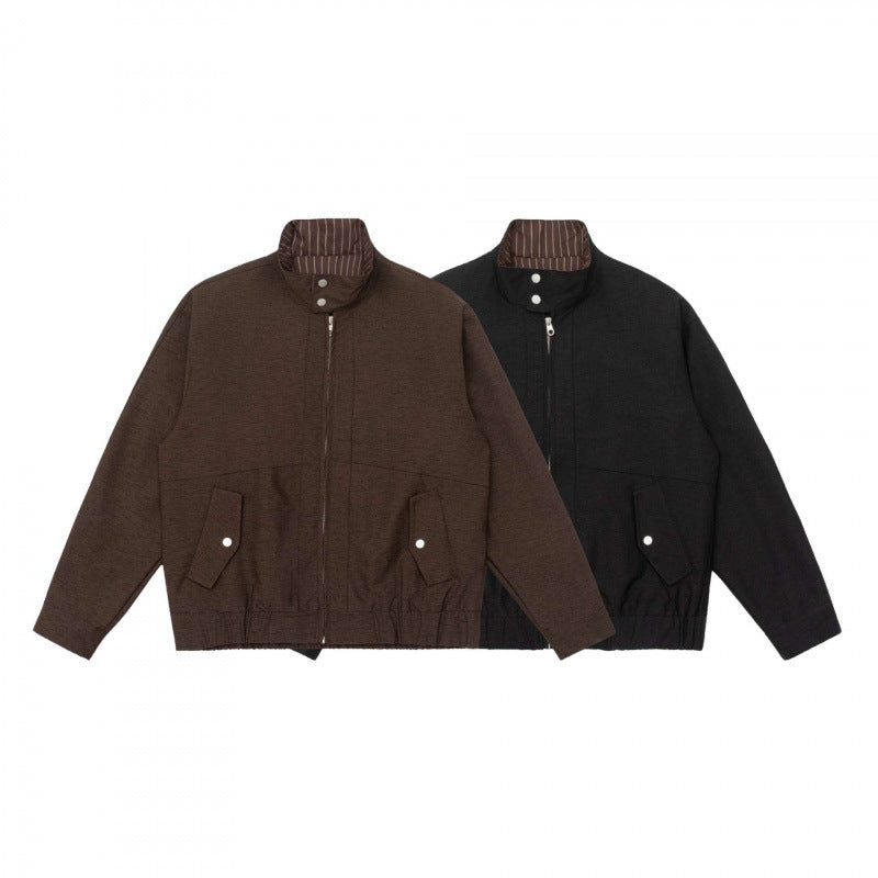 Herren Boxy-Zip-Blouson aus meliertem Strickstoff mit gestreifter Kragenfütterung und elastischem Saum Nord Taschen