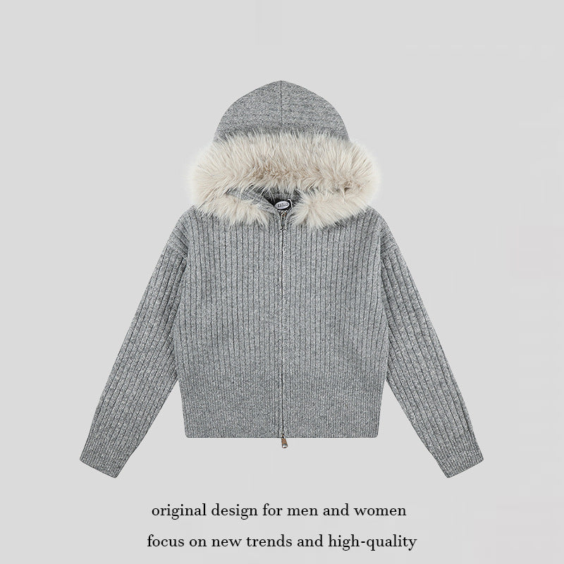 Damen Hochwertige Rippenstrick-Kapuzenjacke mit Zwei-Wege‑Reißverschluss und abnehmbarem Kunstfellkragen Nord Taschen