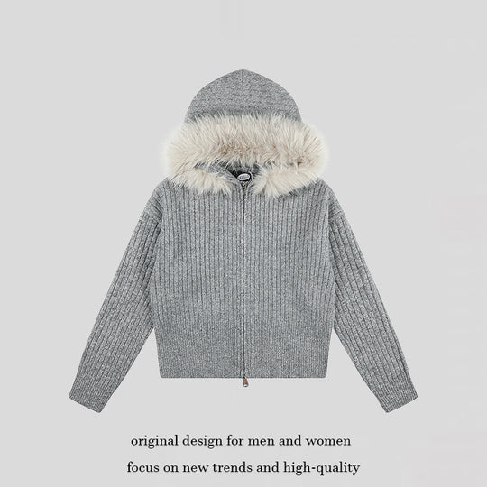 Damen Hochwertige Rippenstrick-Kapuzenjacke mit Zwei-Wege‑Reißverschluss und abnehmbarem Kunstfellkragen Nord Taschen