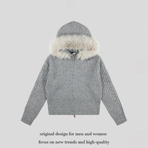 Damen Hochwertige Rippenstrick-Kapuzenjacke mit Zwei-Wege‑Reißverschluss und abnehmbarem Kunstfellkragen Nord Taschen