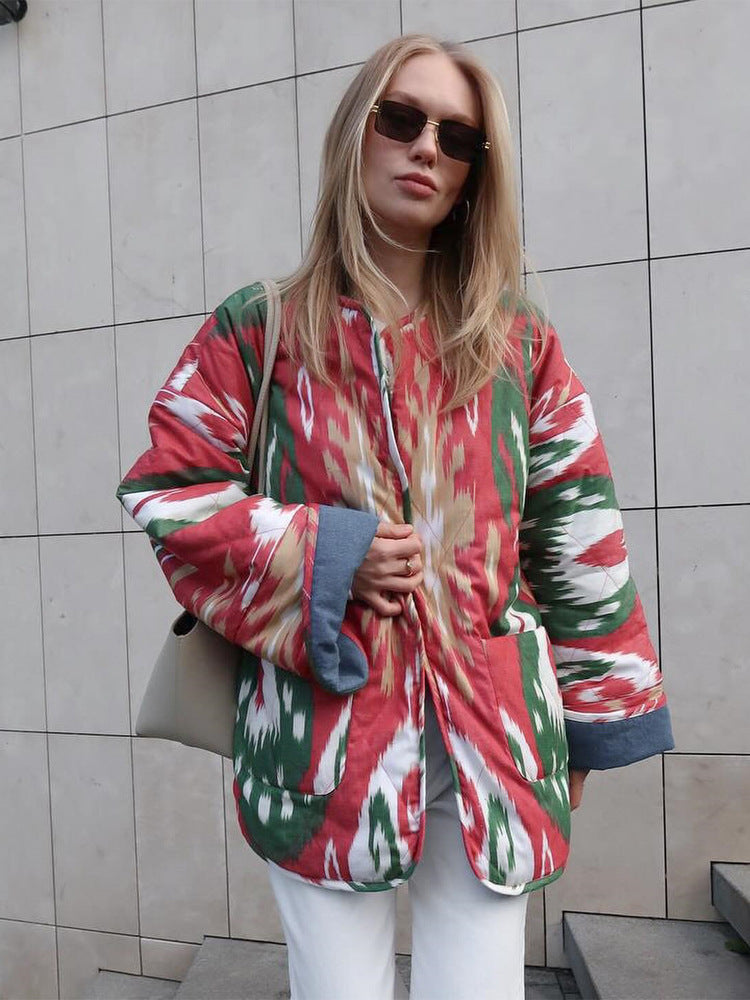 Damen Stepp-Kimonojacke mit Ikat-Print, Oversize‑Schnitt und kontrastierenden Bündchen Nord Taschen