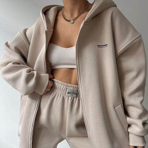 Damen Oversize Kapuzen-Sweatjacke mit Reißverschluss und High-Waist Jogginghose Set Nord Taschen