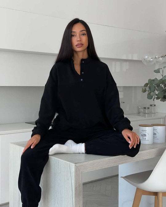 Damen Oversize-Fleece-Set mit Henley-Kragen und weicher Jogginghose Nord Taschen